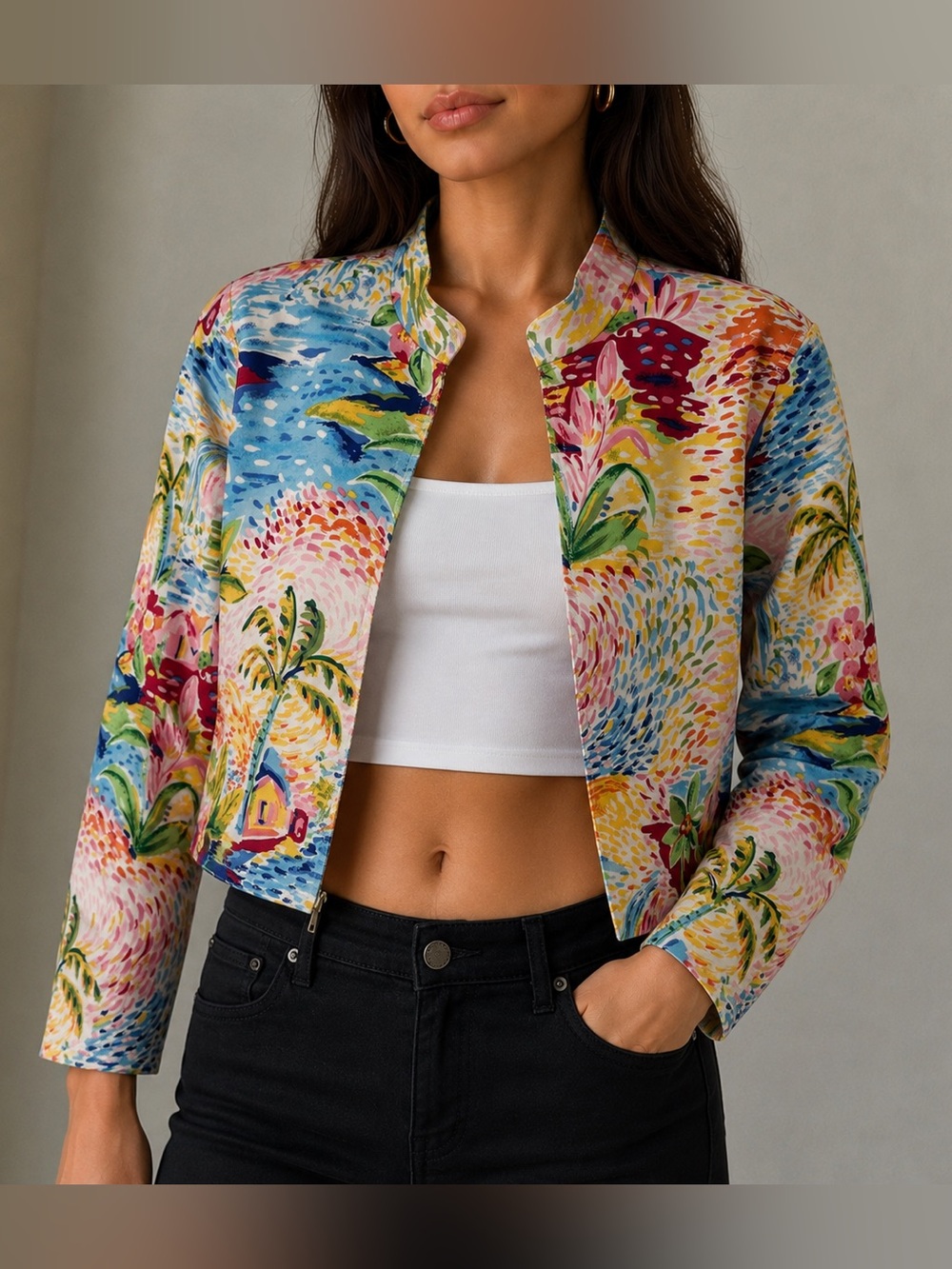 NEW Coldwater Creek Women’s Tropical Floral Cropped Jacket Petite Small Cotton